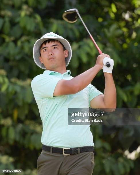 Zecheng Dou of China plays a tee shot on the fourth hole during the third round of The Panama Championship at Panama Golf Club on February 5, 2022 in...
