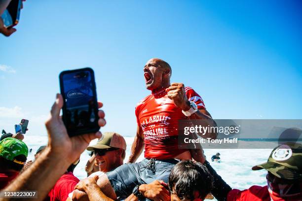 Eleven-time WSL Champion Kelly Slater of the United States after winning the Final at the Billabong Pro Pipeline on February 5, 2022 in Haleiwa,...