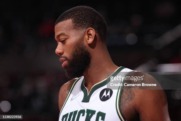 Greg Monroe of Milwaukee Bucks looks on during the game against the Portland Trail Blazers on February 5, 2022 at the Moda Center Arena in Portland,...