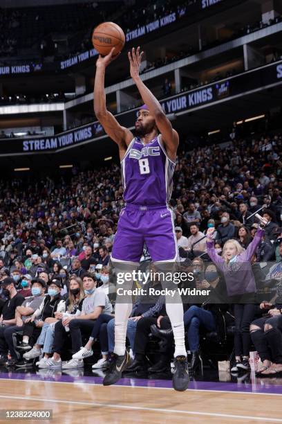 Maurice Harkless of the Sacramento Kings shoots a three point basket during the game against the Oklahoma City Thunder on February 5, 2022 at Golden...