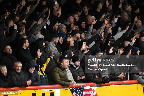 Bolton fans look on during the Sky Bet League One match between Morecambe and Bolton Wanderers at Mazuma Stadium on February 5, 2022 in Morecambe,...