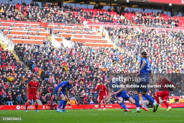 Harvey Elliott of Liverpool scores a goal to make it 3-0 during the Emirates FA Cup Fourth Round match between Liverpool and Cardiff City at Anfield...