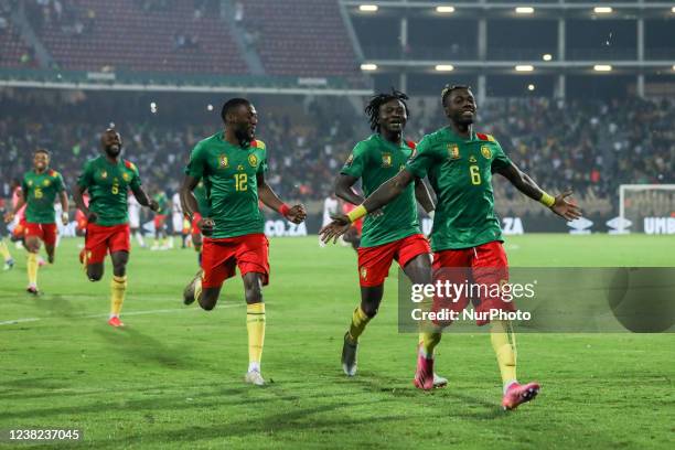 Ambroise Oyongo of Cameroon team celebrates after scoring winning penalty during the 2021 Africa Cup of Nations Afcon Finals 3rd Place Play Off...