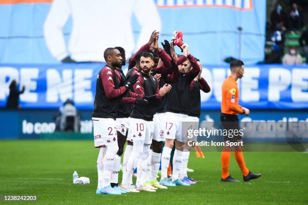 Metz during the Ligue 1 Uber Eats match between Troyes and Metz at Stade de l'Aube on February 6, 2022 in Troyes, France.