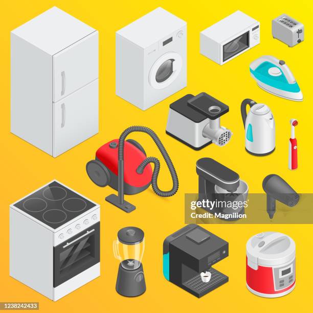 home and kitchen appliances set, isometric objects - liquidiser stock illustrations