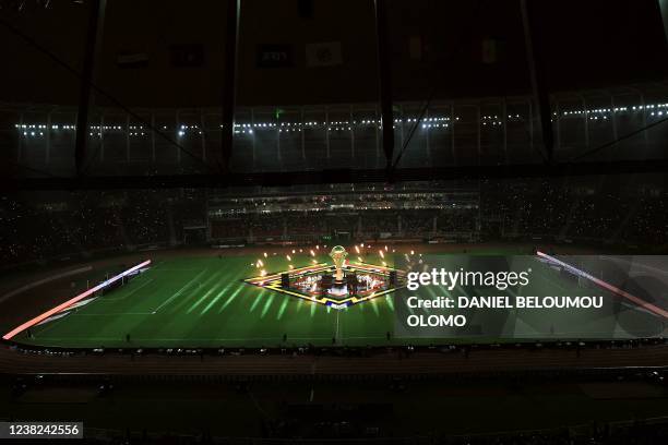 This general view shows a moment of the cultural program at the Olembe Stadium ahead of the Africa Cup of Nations 2021 final football match between...