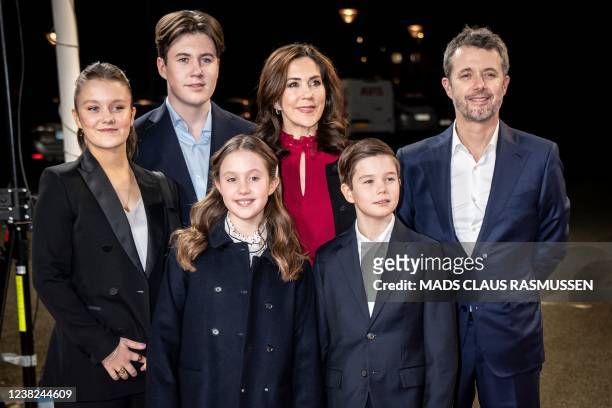 Denmark's Princess Isabella, Prince Christian, Crown Princess Mary, Crown Prince Frederik and in front Princess Josephine and Prince Vincent pose for...