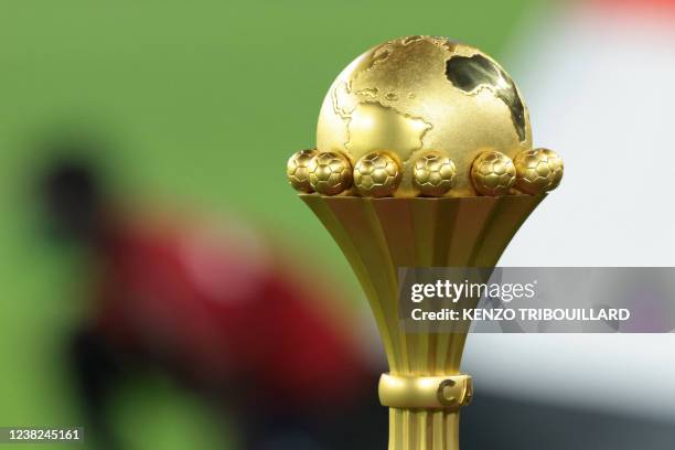 This photograph shows the trophy ahead of the Africa Cup of Nations 2021 final football match between Senegal and Egypt at Stade d'Olembe in Yaounde...