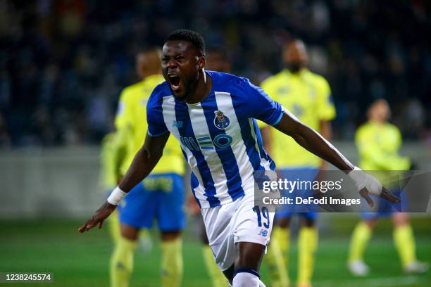 Chancel Mbemba of FC Porto celebrates after scoring his team's second goal during the Liga Portugal Bwin match between FC Arouca and FC Porto at...