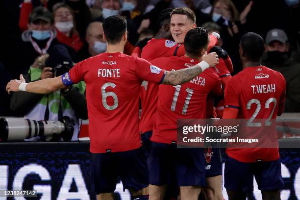 Sven Botman of Lille celebrates 1-1 with Jose Fonte of Lille, Hatem Ben Arfa of Lille, Timothy Weah of Lille during the French League 1 match between...