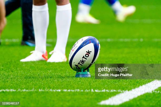 Illustration of Rugby Game Ball with TikTok Sponsor during the Six Nations Rugby match between France and Italy at Stade de France on February 6,...