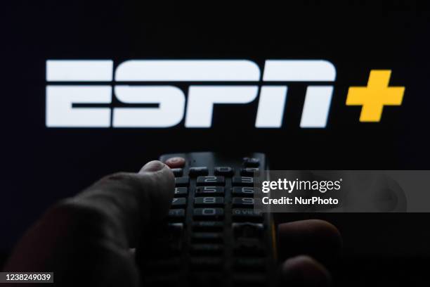 Remote control is seen with ESPN+ logo displayed on a screen in this illustration photo taken in Krakow, Poland on February 6, 2022.