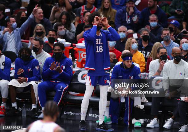 Philadelphia 76ers Forward Charlie Brown Jr. Makes binoculars with his hands during a NBA game between the Philadelphia 76ers and the Chicago Bulls...