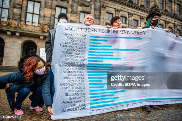 Woman holds a big banner where the last and longer blue line marks the long waiting list in trans care during the demonstration. The organization...