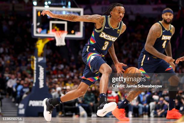 Bones Hyland of the Denver Nuggets drives against the Brooklyn Nets at Ball Arena on February 6, 2022 in Denver, Colorado. NOTE TO USER: User...