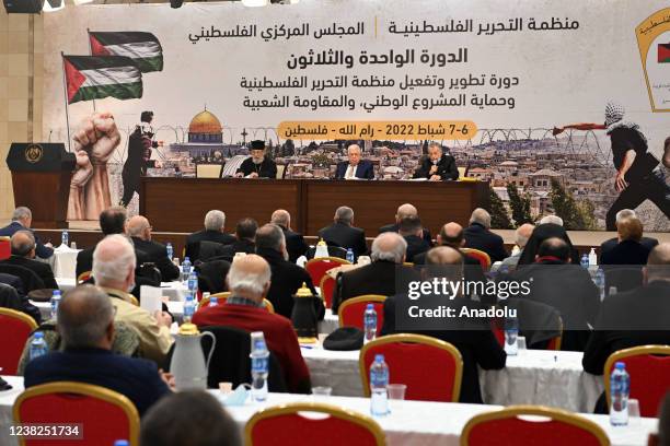 Palestinian President Mahmoud Abbas attends a meeting of Palestine Liberation Organizationâs Central Council in Ramallah, West Bank on February 6,...