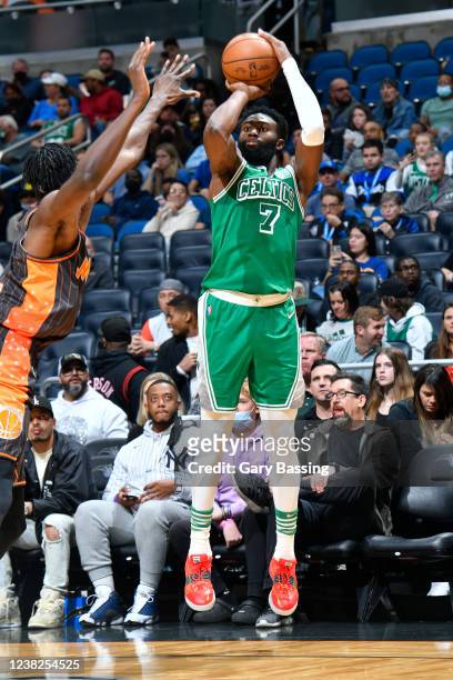 Jaylen Brown of the Boston Celtics shoots a three point basket during the game against the Orlando Magic on February 6, 2022 at Amway Center in...