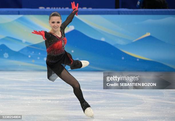 Russia's Kamila Valieva competes in the women's single skating free skating of the figure skating team event during the Beijing 2022 Winter Olympic...