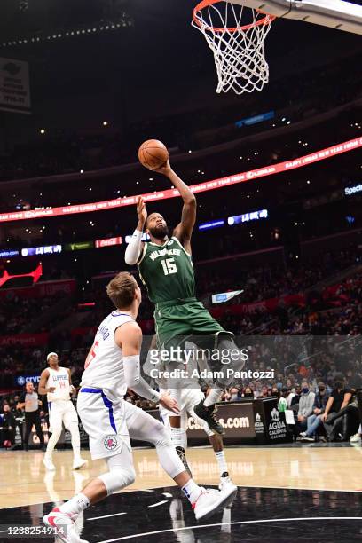Greg Monroe of Milwaukee Bucks drives to the basket during the game against the Los Angeles Clippers on February 6, 2022 at Crypto.Com Arena in Los...