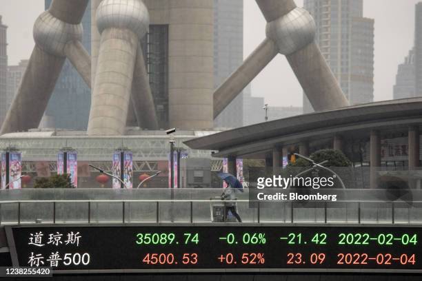 An electronic ticker displays stock figures in Pudong's Lujiazui Financial District in Shanghai, China, on Monday, Feb. 7, 2022. Asian stocks were...