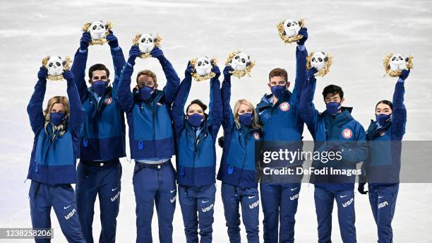 The team USA celebrate after the Venue Ceremony Team Event - Free Skating - Olympic Figure Skating during the Beijing 2022 Winter Olympics at Capital...