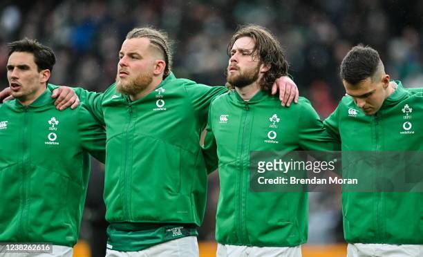 Dublin , Ireland - 5 February 2022; Ireland players, from left, Joey Carbery, Finlay Bealham, Mack Hansen and James Hume before the Guinness Six...