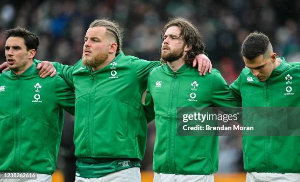 Dublin , Ireland - 5 February 2022; Ireland players, from left, Joey Carbery, Finlay Bealham, Mack Hansen and James Hume before the Guinness Six...