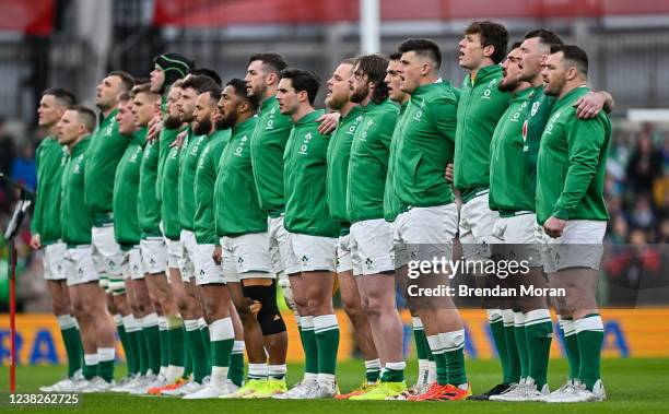 Dublin , Ireland - 5 February 2022; The Ireland team during the national anthems before the Guinness Six Nations Rugby Championship match between...