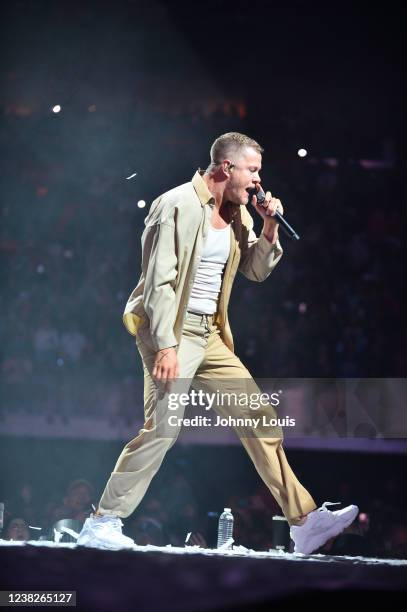 Dan Reynolds of Imagine Dragons performs live on stage during opening night of 'the Mercury World Tour' at FTX Arena on February 6, 2022 in Miami,...