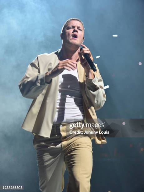 Dan Reynolds of Imagine Dragons performs live on stage during opening night of 'the Mercury World Tour' at FTX Arena on February 6, 2022 in Miami,...