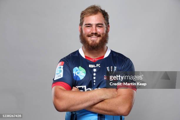 Cabous Eloff poses during the Melbourne Rebels Super Rugby 2022 headshots session at AAMI Park on February 07, 2022 in Melbourne, Australia.