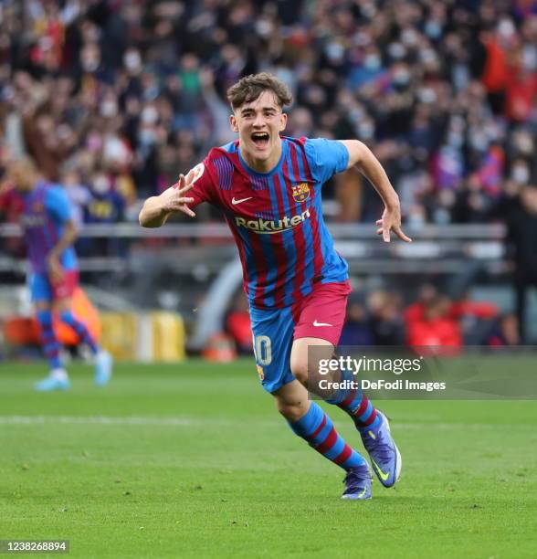 Gavi Paez of FC Barcelona celebrates after scoring his team's second goal during the La Liga Santader match between FC Barcelona and Club Atletico de...