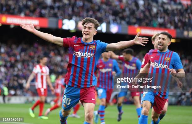 Gavi Paez of FC Barcelona celebrates after scoring his team's second goal during the La Liga Santader match between FC Barcelona and Club Atletico de...