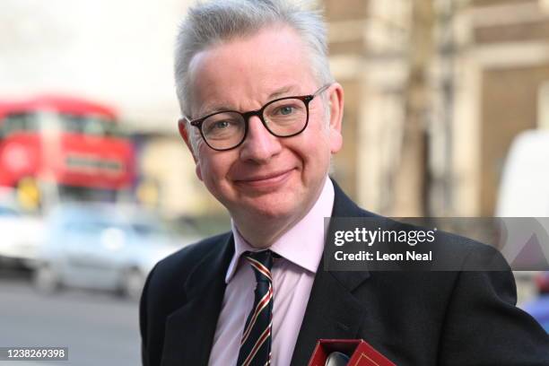 Secretary of State for Levelling Up Michael Gove arrives at the cabinet office in Whitehall, on February 7, 2022 in London, England.