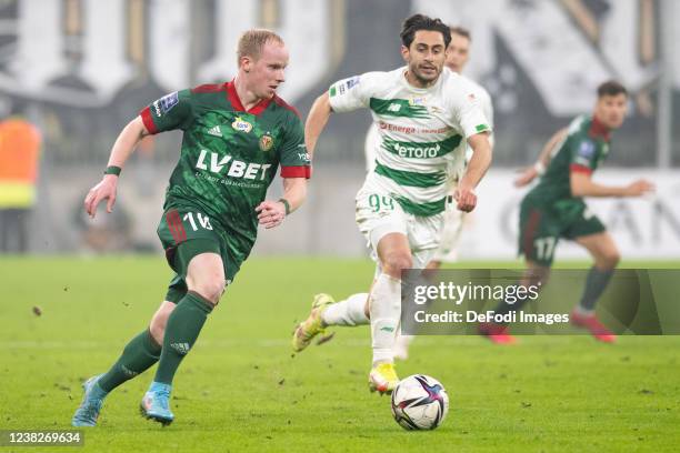 Dennis Jastrzembski of Slask Wroclaw and Ilkay Durmus of Lechia Gdansk battle for the ball during the PKO Ekstraklasa match between Lechia Gdansk and...