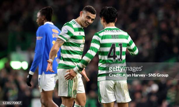 Celtic's Reo Hatate celebrates with Giorgos Giakoumakis during a cinch Premiership match between Celtic and Rangers at Celtic Park, on February 02 in...