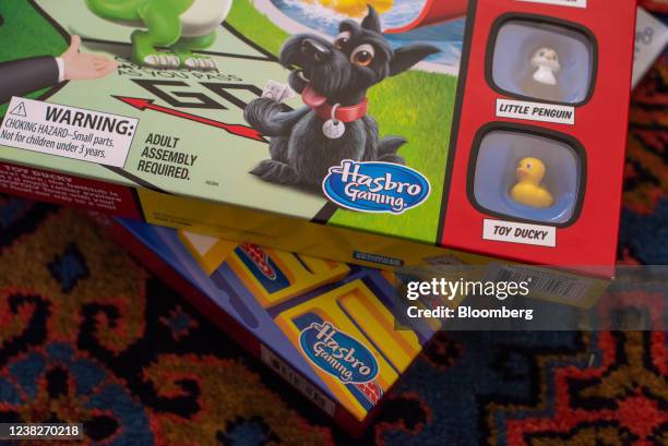 The Hasbro logo on board games arranged in Dobbs Ferry, New York, U.S. On Sunday, Feb. 6, 2022. Hasbro Inc. Reported fourth-quarter earnings that...