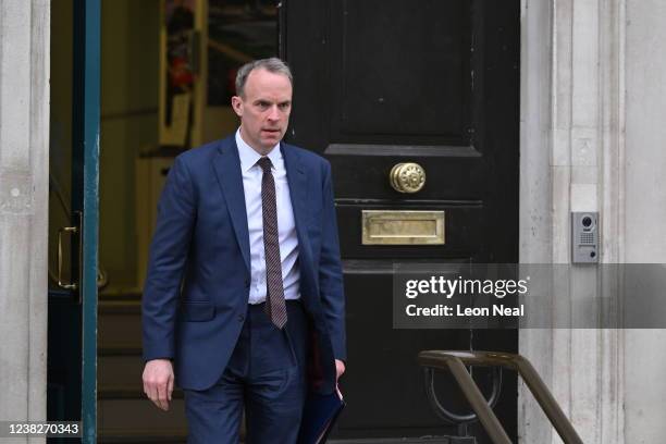 Deputy Prime Minister Dominic Raab leaves the cabinet office in Whitehall, on February 7, 2022 in London, England.