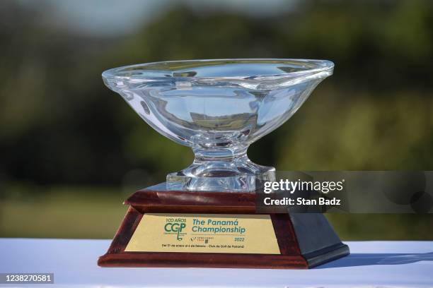 View of the winners trophy displayed on the 18th green during the final round of The Panama Championship at Panama Golf Club on February 6, 2022 in...