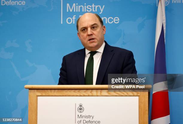 British Defence Secretary Ben Wallace speaks during a meeting with Poland's Minister of National Defence Mariusz Blaszczak at the Ministry of Defence...