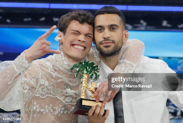 Singers Blanco and Mahmood celebrate on stage after winning the 72nd Sanremo Italian Song Festival, at the Ariston Theatre in Sanremo, Italy, on...