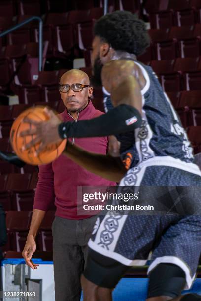 Raptors 905 head coach Patrick Mutombo watches his player handle the ball during an NBA G League game against the Windy City Bulls at the Paramount...