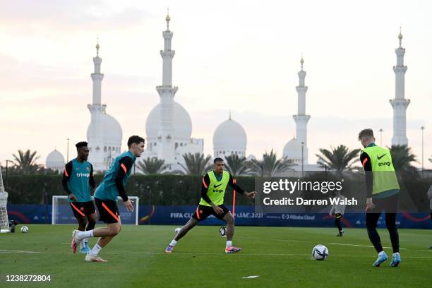 Callum Hudson-Odoi, Andreas Christensen and Kenedy of Chelsea during a training session at the The Ritz Carlton on February 7, 2022 in Abu Dhabi,...