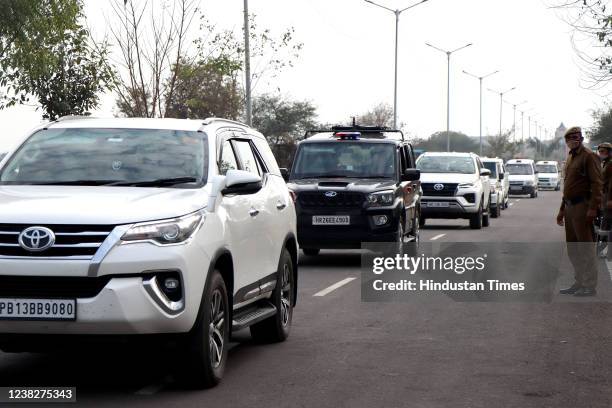 Dera Sacha Sauda chief Gurmeet Ram Rahim comes out of Rohtak's Sunaria jail amid police security after getting three -weeks furlough on February 7,...