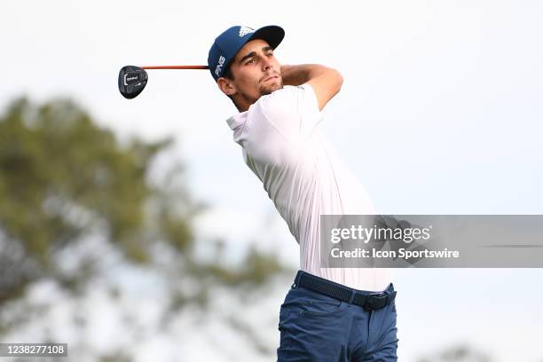 Joaquin Niemann watches his tee shot on the 2nd hole during the third round of the Farmers Insurance Open golf tournament at Torrey Pines Municipal...