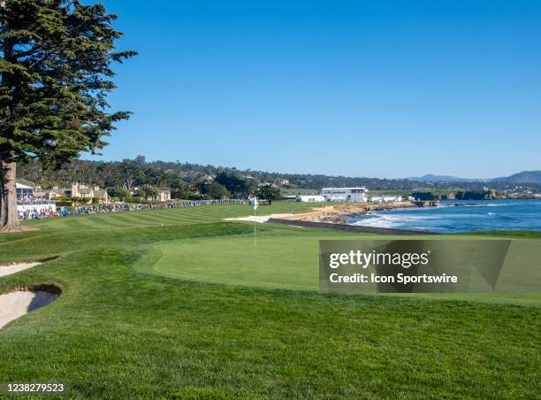 View of the 18th hole green and fairway during the Final Round of the AT&T Pebble Beach Pro-Am tournament at Pebble Beach Golf Course in Monterey,...