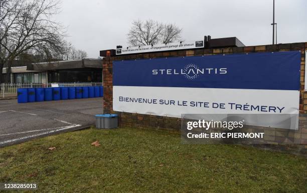 Picture taken on January 27, 2022 shows the entrance of automaker Stellantis plant in Tremery, eastern France. - Stellantis, a company from the...