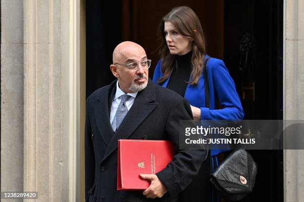 Britain's Education Secretary Nadhim Zahawi and Britain's Minister of State for Higher and Further Education, Michelle Donelan leave after attend the...