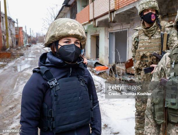Annalena Baerbock, German Foreign Minister, on a visit to the frontline village of Shyrokyne near Mariupol on February 08 in Ukraine. Shyrokyne is...