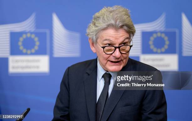 Commissioner for Internal Market Thierry Breton gives a speech during a signature ceremony regarding the European Chips Act in the Berlaymont, the EU...